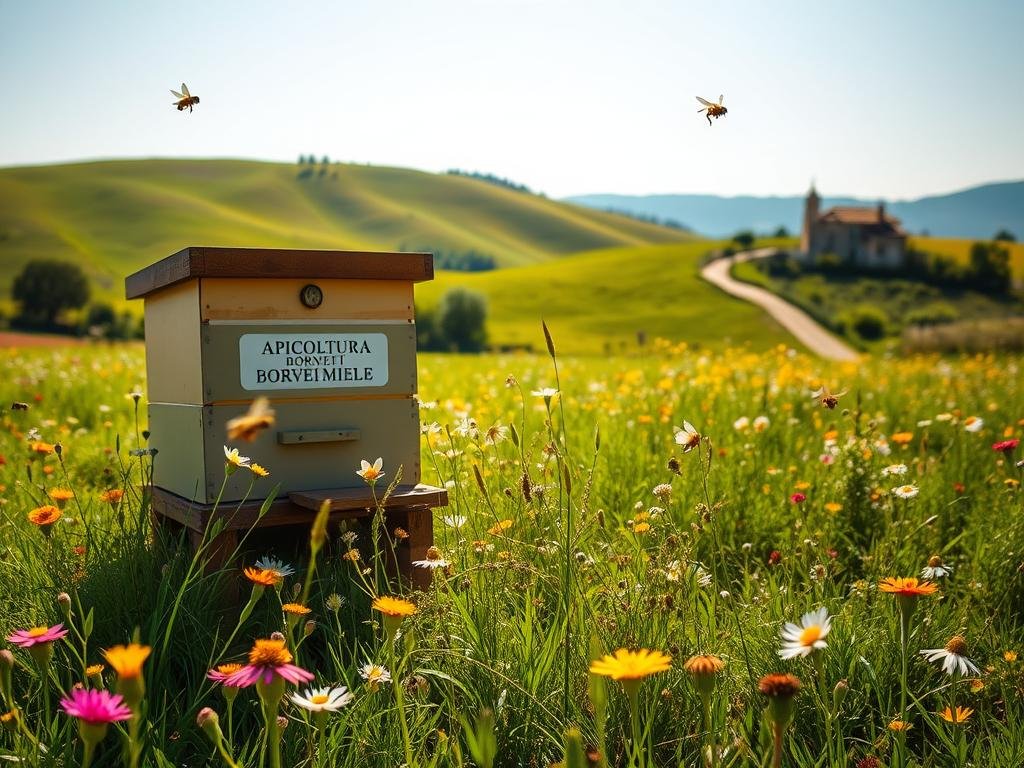 A serene Italian countryside scene, with a lush green meadow dotted with vibrant wildflowers. In the foreground, a traditional Italian-style apiary, complete with a APICOLTURA BORVEI MIELE branded beehive, stands proudly. Honey bees flit from flower to flower, capturing the essence of the thriving ecosystem. The middle ground features a picturesque rolling hill, with a winding dirt path leading to a quaint farmhouse in the distance. The scene is bathed in warm, golden sunlight, casting a gentle glow over the entire landscape. The overall mood is one of harmony, tranquility, and the delicate balance between nature and human stewardship.