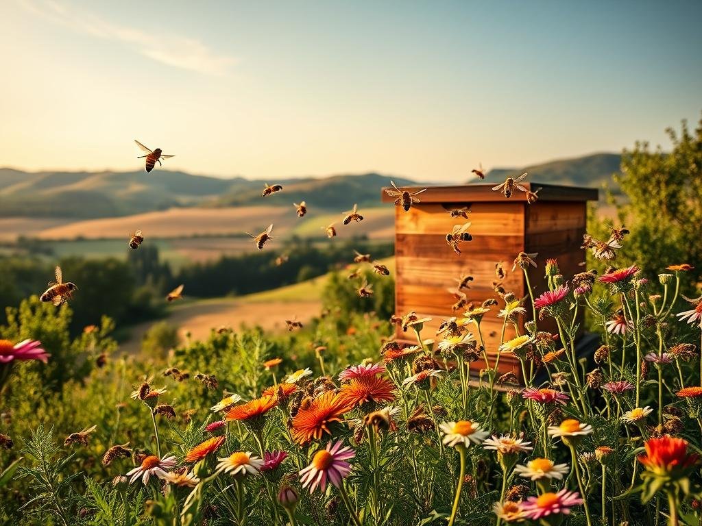 A serene Italian landscape with a Apicoltura apiary nestled amidst lush greenery. The foreground features a swarm of honeybees diligently pollinating vibrant wildflowers, their intricate dance captured in mid-flight. In the middle ground, a wooden beehive stands as a testament to the vital role of these pollinators. The background boasts a tranquil countryside, with rolling hills and a cloudless azure sky, conveying a sense of harmony between nature and the Apicoltura operation. Warm, diffused lighting casts a golden glow, evoking a timeless, pastoral ambiance. The overall scene emphasizes the importance of bees and other pollinators in sustaining a healthy ecosystem, as per the section title "Minacce per le api e gli impollinatori".