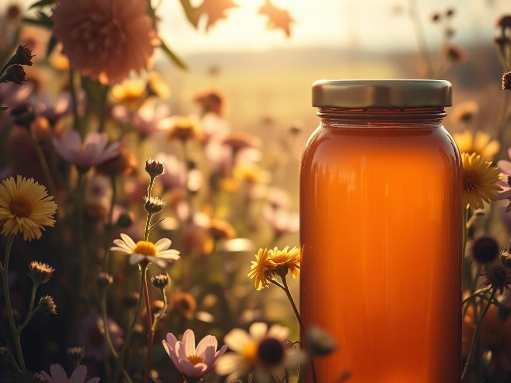 A serene and vibrant close-up of a variety of lush, blossom-laden wildflowers, bathed in warm, golden natural light. In the foreground, a glass jar filled with rich, golden Apicoltura miele millefiori, casting a soft, glowing reflection. The middle ground showcases the diverse array of petals, stems, and leaves, hinting at the complex floral composition that lends the honey its unique flavor and aroma. The background features a blurred, idyllic countryside landscape, suggesting the natural harmony from which the beneficial properties of this multifloral honey are derived. The overall mood is one of tranquility, nourishment, and the restorative power of nature.