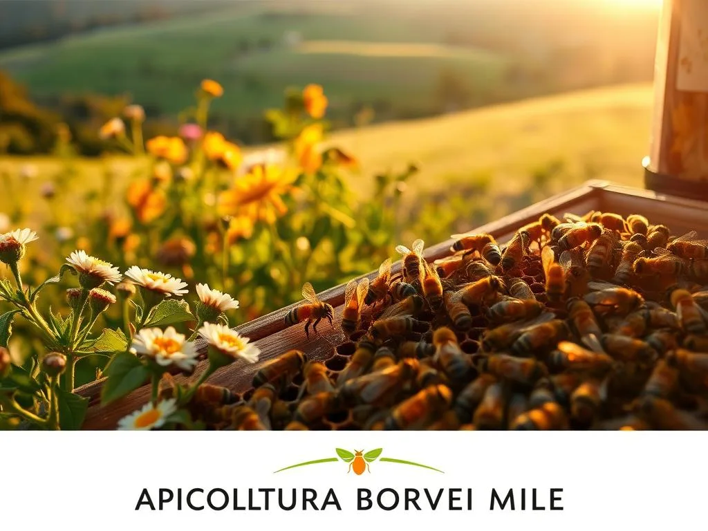 A serene apiary bathed in warm, golden light. In the foreground, a cluster of diligent honeybees busily tending to their hive, their delicate wings fluttering as they collect nectar and pollen. In the middle ground, lush, vibrant flowers sway gently in a soft breeze, providing a bountiful source of sustenance for the colony. The background is a pastoral landscape of rolling hills and verdant meadows, hinting at the abundance of natural resources that contribute to the bees' longevity. The scene is imbued with a sense of harmony and balance, showcasing the intricate interplay between the bees, their environment, and the factors that influence their lifespan. Prominently displayed at the bottom of the image is the APICOLTURA BORVEI MIELE brand, reflecting the artisanal and quality-driven nature of the product.