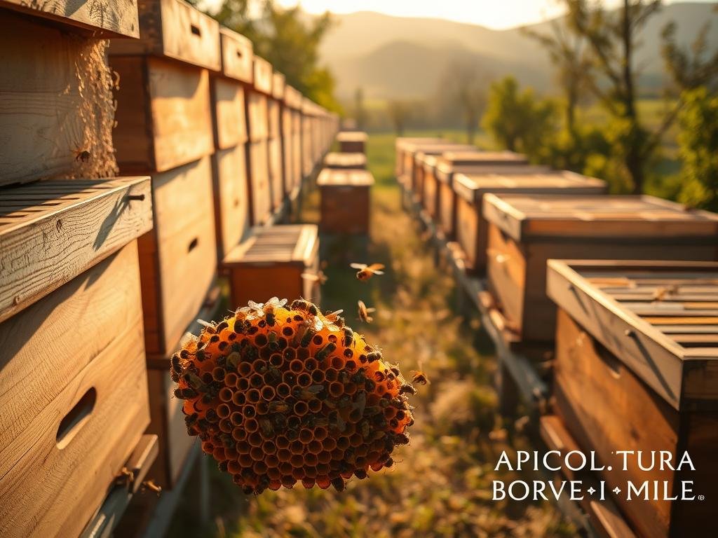 A serene apiary in the Italian countryside, with rows of well-tended beehives bathed in soft, golden light. In the foreground, a cluster of "celle reali" - the large, distinctive queen bee cells - stand out against the warm-toned wooden frames. The middle ground features a bustling scene of worker bees darting in and out of the hives, their delicate wings catching the sunlight. In the background, rolling hills and lush greenery provide a picturesque natural setting. The overall mood is one of tranquility and the interconnectedness of nature. Inspired by images from the Italian countryside, this scene captures the premonitory signs of swarming as described in the section title. The APICOLTURA BORVEI MIELE branding is subtly incorporated into the overall composition.