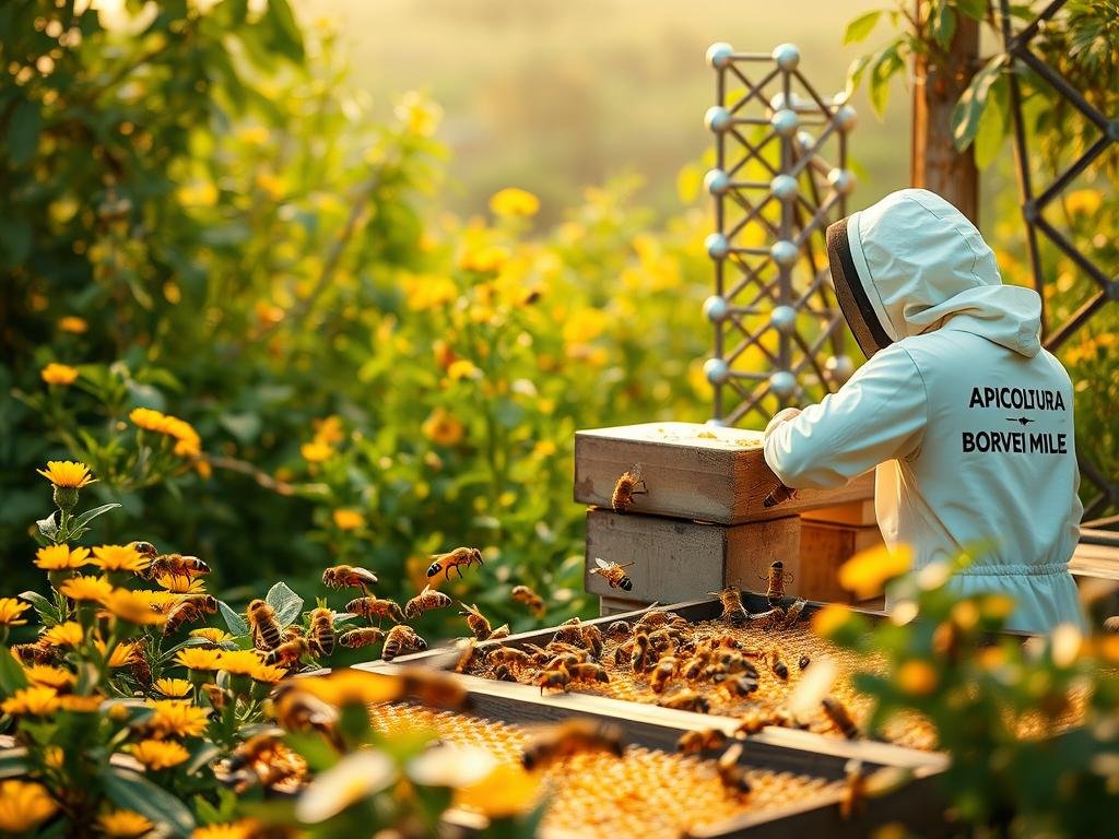 A serene apiary nestled amidst lush greenery, with a swarm of industrious honeybees pollinating vibrant flowers. In the foreground, a beekeeper carefully tends to the hives, their protective gear emblazoned with the brand "APICOLTURA BORVEI MIELE". The middle ground showcases the intricate honeycombs, while the background features a towering blockchain network, its nodes and distributed ledger symbolizing the potential of this technology to revolutionize the apiary industry. Soft, warm lighting casts a golden glow, evoking a sense of harmony between nature, technology, and the age-old craft of beekeeping.