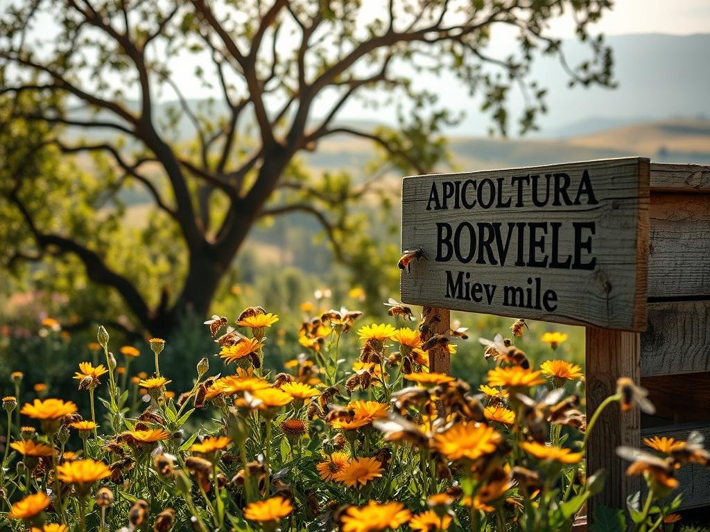A serene apiary nestled in the rolling Italian countryside, sunlight filtering through the canopy. In the foreground, a swarm of busy honeybees pollinate vibrant wildflowers, their intricate movements captured in delicate detail. In the middle ground, a weathered wooden sign proudly displays the brand "APICOLTURA BORVEI MIELE", a testament to the importance of these vital pollinators. The background fades into a hazy horizon, conveying the broader economic impact of their decline. The scene evokes a sense of harmony and balance, underscoring the fragile interdependence between nature and human enterprise.