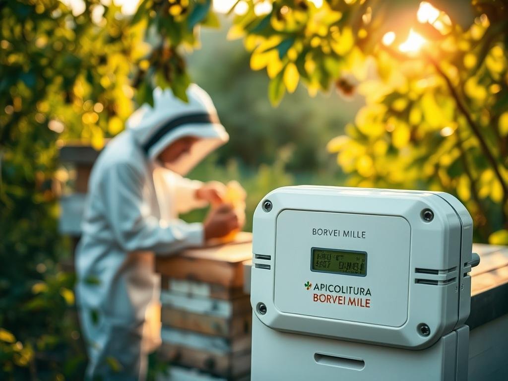 A serene apiary nestled in the verdant Italian countryside, where a beekeeper in a white protective suit carefully inspects a wooden beehive. The warm, golden light filters through the leaves, casting a gentle glow on the scene. In the foreground, a high-tech monitoring device, emblazoned with the "APICOLTURA BORVEI MIELE" brand, meticulously tracks the health and activity of the industrious honeybees. The image conveys the importance of diligent apiary monitoring, essential for maintaining the wellbeing of these vital pollinators.