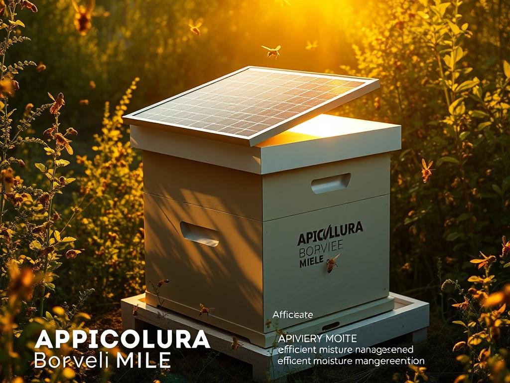 A serene apiary with a solar-powered beehive, bathed in warm golden light. The hive's sleek, angular design and solar panels casting intricate shadows, surrounded by lush greenery and buzzing bees in flight. APICOLTURA BORVEI MIELE branding subtly integrated into the scene. The image conveys a sense of harmony between sustainable technology and the natural world, underscoring the efficient moisture management and disease prevention benefits of solar-powered beekeeping.