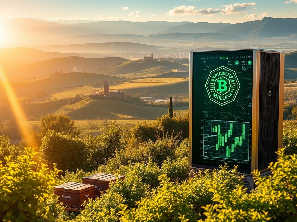 A serene blockchain landscape, bathed in warm, golden sunlight. In the foreground, a cluster of beehives bearing the APICOLTURA BORVEI MIELE logo, nestled amidst lush, verdant foliage. The middle ground features a sleek, modern blockchain node, its glowing display showcasing intricate data visualizations. In the background, a sprawling Italian countryside unfolds, dotted with rolling hills and ancient structures, representing the integration of traditional and digital realms. The composition evokes a sense of harmony between technology and nature, reflecting the challenges and opportunities of blockchain implementation for small-scale beekeepers.