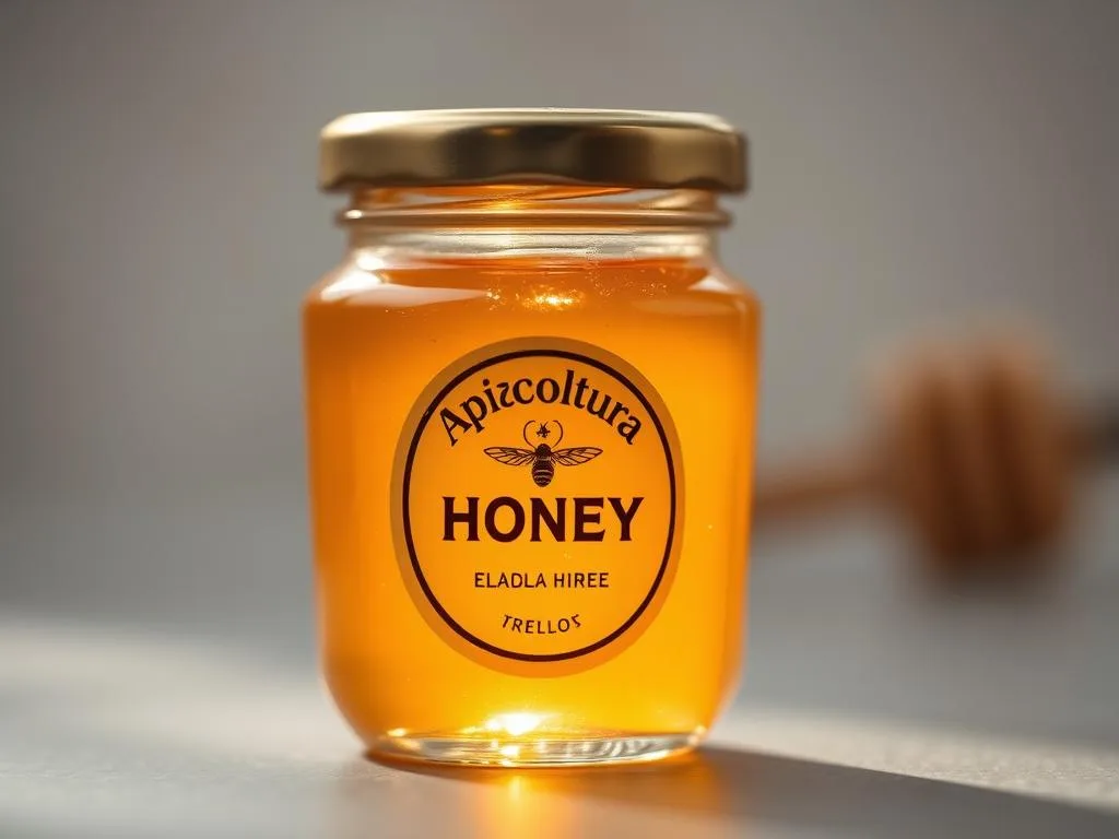 A serene, close-up shot of a small glass jar filled with golden, viscous honey. The jar's label prominently features the brand name "Apicoltura", conveying the artisanal, high-quality nature of the product. The honey's warm, amber hue is accentuated by soft, diffused lighting, casting a gentle glow on the jar's surface. The background is blurred, keeping the focus solely on the jar and its contents, evoking a sense of simplicity and purity. The overall composition and lighting are designed to visually represent the use of honey as a natural, effective remedy for mouth sores, as described in the article's section "Come utilizzare il miele per trattare le afte".