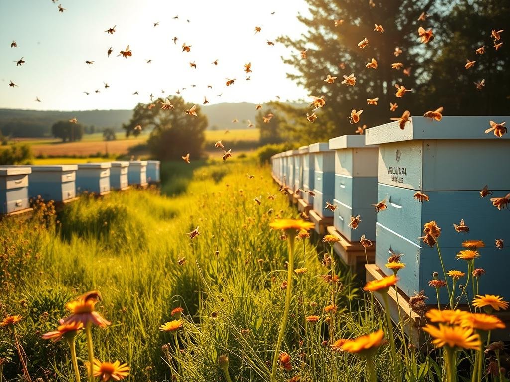 A serene countryside apiary bathed in warm afternoon light. Rows of white Langstroth hives stand sentinel amid lush green meadows, with vibrant wildflowers in the foreground. Clouds of honeybees flutter from bloom to bloom, their industrious pollination activities captured in mesmerizing detail. In the background, a simple wooden shed with the logo "APICOLTURA BORVEI MIELE" suggests the source of the artisanal honey produced on-site. The scene evokes a harmonious coexistence between modern data-driven apiculture and the timeless natural rhythms of the hive.