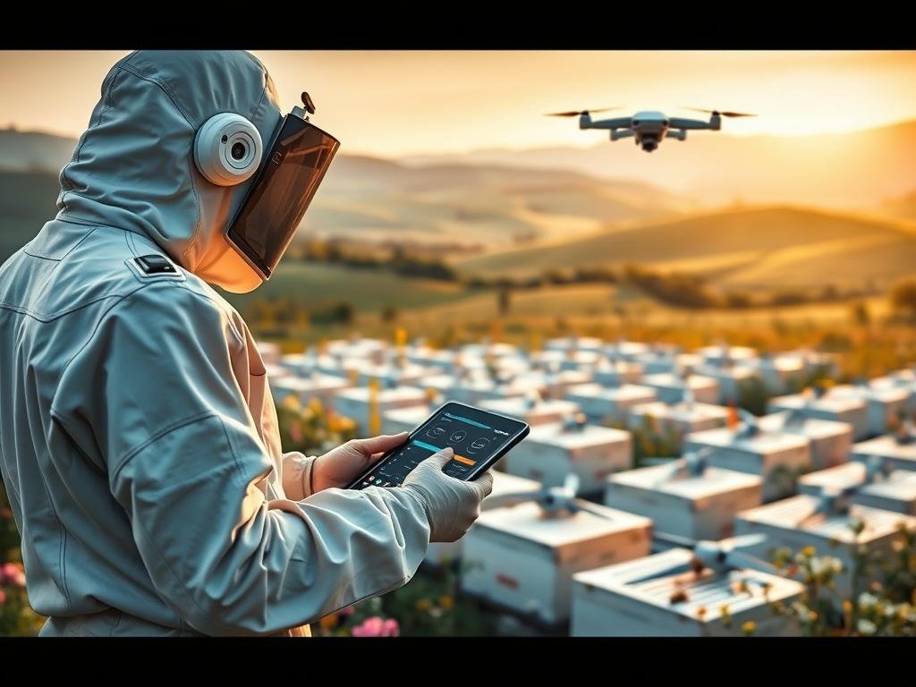 A serene digital apiary, where high-tech sensors and drones monitor the hives. In the foreground, a beekeeper in a sleek, futuristic suit examines a tablet, analyzing real-time data on bee activity and hive health. The middle ground reveals a network of interconnected hives, each equipped with IoT devices that transmit information to the beekeeper's console. In the background, a vast, lush landscape with rolling hills and blooming wildflowers, illuminated by a warm, golden light. The scene conveys a harmonious fusion of traditional apiculture and cutting-edge digital technology, embodying the essence of "APICOLTURA BORVEI MIELE" - a modern, data-driven approach to beekeeping.
