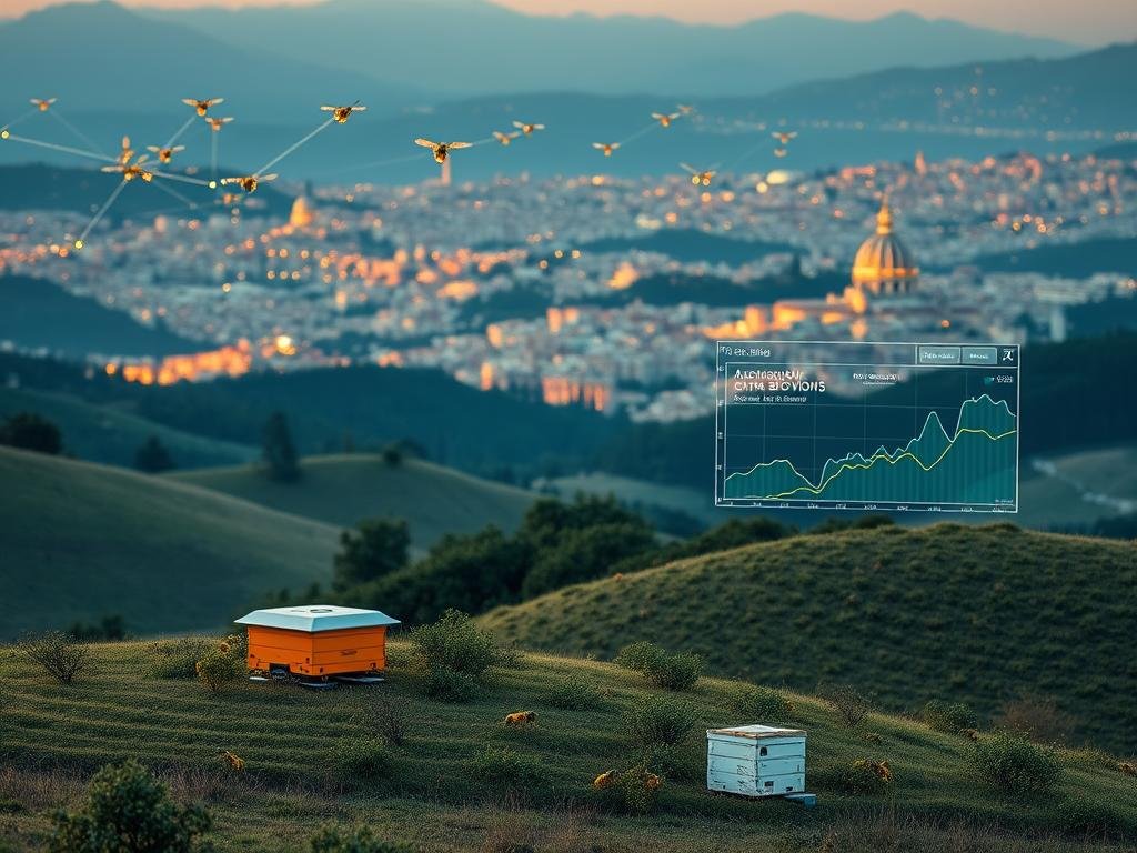 A serene digital landscape depicting the importance of data security in modern beekeeping. In the foreground, a BRAND NAME APICOLTURA BORVEI MIELE apiary nestled among rolling hills, its hives connected via a network of sleek, futuristic sensors. The middle ground showcases a data visualization dashboard, displaying real-time analytics on hive health and honey production. In the background, a shimmering Italian cityscape, symbolizing the integration of technology and traditional apiculture. Warm, golden lighting illuminates the scene, conveying a sense of security and efficiency. The composition emphasizes the harmony between nature and digital innovation, as beekeepers safeguard their precious data to ensure the sustainability of their craft.