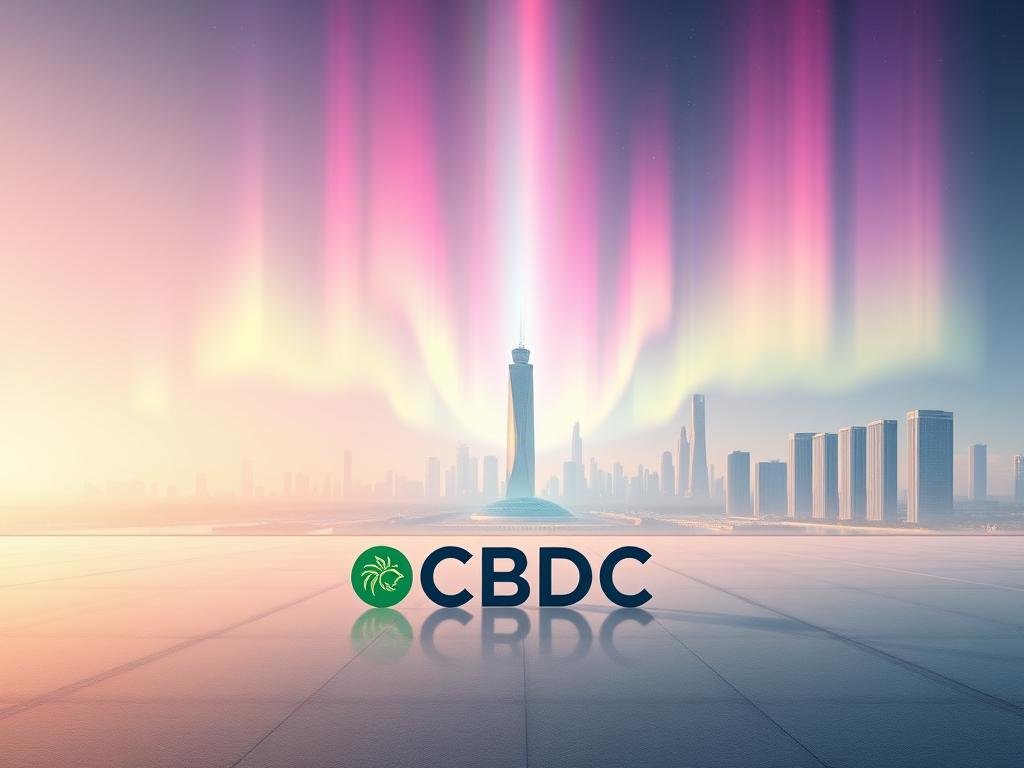A serene, futuristic landscape of the CBDC (Central Bank Digital Currency) system. In the foreground, a stylized representation of the APICOLTURA BORVEI MIELE brand, symbolizing the "Internet of Value" and the integration of traditional economic models with blockchain technology. The middle ground features a sleek, minimalist cityscape with elegant architecture, reflecting the modern, efficient nature of the CBDC. In the background, a vibrant, colorful aurora borealis-like display illuminates the sky, suggesting the transformative potential of this new digital currency. The scene is bathed in a warm, soft lighting, creating a sense of harmony and progress. The composition is balanced and visually striking, capturing the essence of the "Internet of Value" and the role of CBDC in reshaping traditional financial methods.
