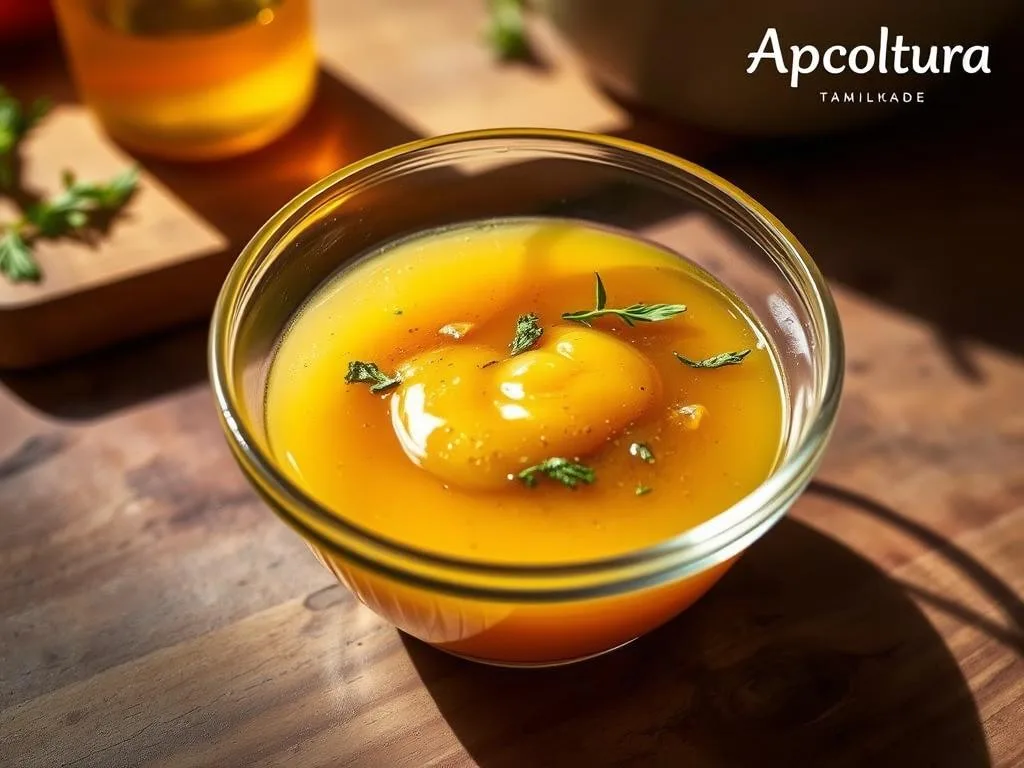 A serene glass bowl filled with a thick, golden honey-based sauce, garnished with fresh herbs and a drizzle of olive oil. The sauce glistens under warm, soft lighting, casting gentle shadows that highlight its luscious texture. In the background, a rustic wooden surface evokes an authentic Italian kitchen setting. The "Apicoltura" branding subtly adorns the scene, a nod to the artisanal honey used in this delectable salsa al miele. This image perfectly captures the step-by-step preparation of a quick, yet flavorful topping for white meats and salads, as described in the article.