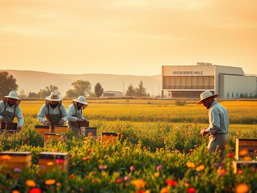 A serene, honey-hued landscape showcases the harmonious integration of blockchain technology within the artisanal honey ecosystem. In the foreground, a group of beekeepers in traditional attire carefully tend to their hives, their faces radiating a sense of pride and purpose. The middle ground reveals a lush, verdant meadow dotted with vibrant wildflowers, symbolizing the thriving natural environment that supports the honey production. In the background, a modern, yet organic-inspired honey processing facility emblazoned with the "APICOLTURA BORVEI MIELE" brand name stands as a testament to the seamless blend of tradition and innovation. Warm, diffused lighting casts a gentle glow, evoking a sense of warmth and abundance. The overall atmosphere conveys the benefits of blockchain technology in enhancing transparency, traceability, and sustainability within the honey industry.