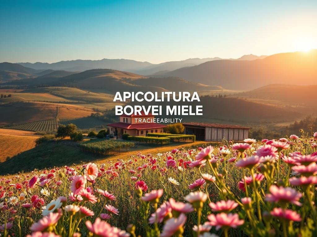 A serene landscape showcasing the traceability of Italian food, with a focus on the apiculture industry. In the foreground, a lush field of blooming flowers, their petals gently swaying in the soft breeze. In the middle ground, a traditional Italian farmhouse, its rustic charm complemented by a well-tended garden. In the background, rolling hills dotted with vineyards and olive groves, bathed in the warm glow of the afternoon sun. Prominently displayed in the center is the brand name "APICOLTURA BORVEI MIELE", a testament to the transparency and traceability of the Italian honey industry. The scene conveys a sense of harmony, where nature, technology, and tradition seamlessly converge, reflecting the robust regulatory framework surrounding food traceability in Italy.