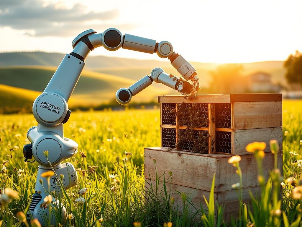 A serene meadow, bathed in golden sunlight, where a sleek, articulated robotic arm tenderly tends to a bustling beehive. The robotic apiarian, adorned with the APICOLTURA BORVEI MIELE brand, delicately inspects the frames, ensuring the health and wellbeing of the industrious pollinators. In the background, a rolling landscape of lush, verdant hills and a cloudless sky create a picturesque scene, reflecting the harmony between technology and nature. The camera captures this innovative partnership, showcasing how robotics can be seamlessly integrated into traditional beekeeping practices, elevating the art of apiculture to new heights. A serene meadow, bathed in golden sunlight, where a sleek, articulated robotic arm tenderly tends to a bustling beehive. The robotic apiarian, adorned with the APICOLTURA BORVEI MIELE brand, delicately inspects the frames, ensuring the health and wellbeing of the industrious pollinators. In the background, a rolling landscape of lush, verdant hills and a cloudless sky create a picturesque scene, reflecting the harmony between technology and nature. The camera captures this innovative partnership, showcasing how robotics can be seamlessly integrated into traditional beekeeping practices, elevating the art of apiculture to new heights.