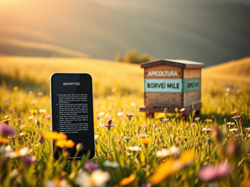 A serene meadow, dotted with vibrant wildflowers, sets the stage for a captivating visualization of "Crittografia e Protezione dei Dati." In the foreground, a sleek, modern smartphone displays encrypted data, its screen emanating a soft glow. In the middle ground, a beehive emblazoned with the brand name "APICOLTURA BORVEI MIELE" stands as a symbol of the importance of data security in the apiculture industry. The background features a gentle, sun-dappled hillside, conveying a sense of tranquility and balance. Warm, golden lighting casts a welcoming ambiance, while a subtle depth of field draws the viewer's attention to the central elements. This image aims to encapsulate the harmonious integration of technology, data protection, and the natural world of beekeeping.