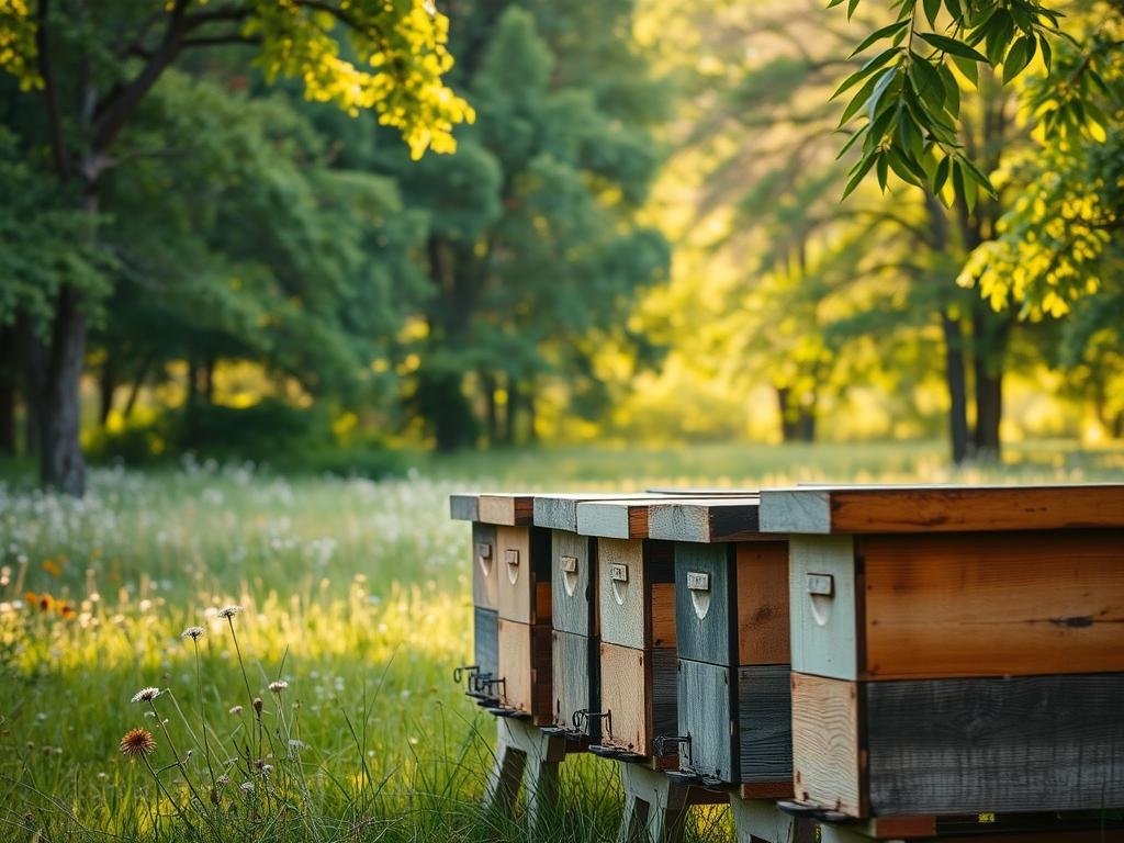 A serene meadow surrounded by lush trees, the perfect backdrop for positioning Apicoltura beehives. Soft, natural lighting filters through the foliage, casting a warm glow over the scene. In the foreground, a row of well-crafted, weathered wooden beehives stand, their intricate details and textures visible. The hives are strategically placed to take advantage of the area's abundant wildflowers and natural water sources. The overall composition conveys a sense of harmony between the man-made structures and the natural environment, reflecting the ideal location for positioning Apicoltura beehives.