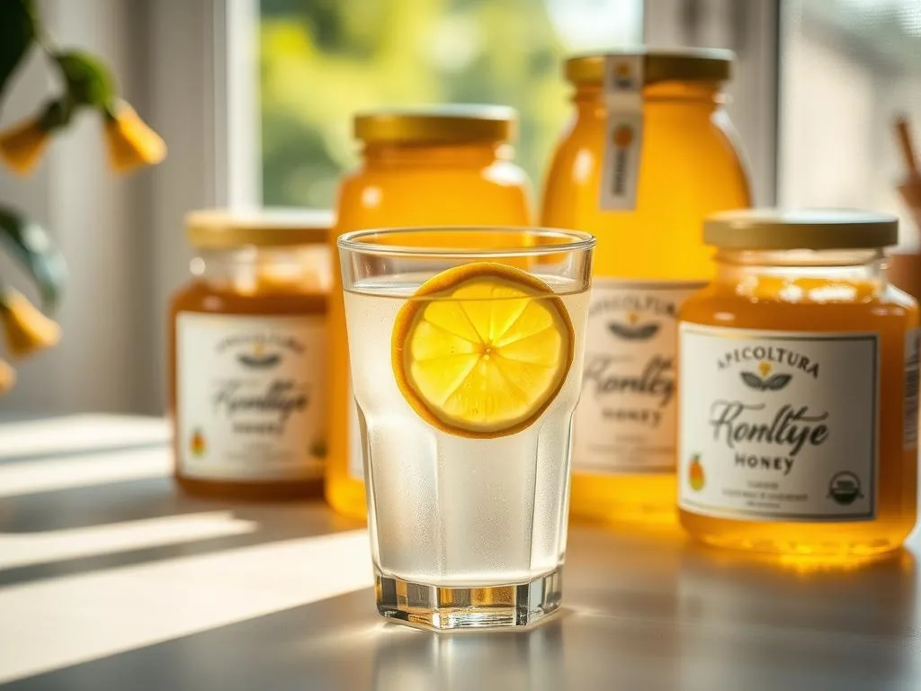 A serene morning scene with a glass of lemon water set against a backdrop of honey jars from the Apicoltura brand. Soft natural lighting filters through the window, casting a warm glow on the table. The lemon slice gently floats in the clear, refreshing liquid, hinting at the simplicity and potential health benefits of this natural remedy. The honey jars stand as a testament to the purity and authenticity of the ingredients. The overall mood is one of tranquility, simplicity, and the power of nature's bounty. A serene morning scene with a glass of lemon water set against a backdrop of honey jars from the Apicoltura brand. Soft natural lighting filters through the window, casting a warm glow on the table. The lemon slice gently floats in the clear, refreshing liquid, hinting at the simplicity and potential health benefits of this natural remedy. The honey jars stand as a testament to the purity and authenticity of the ingredients. The overall mood is one of tranquility, simplicity, and the power of nature's bounty.