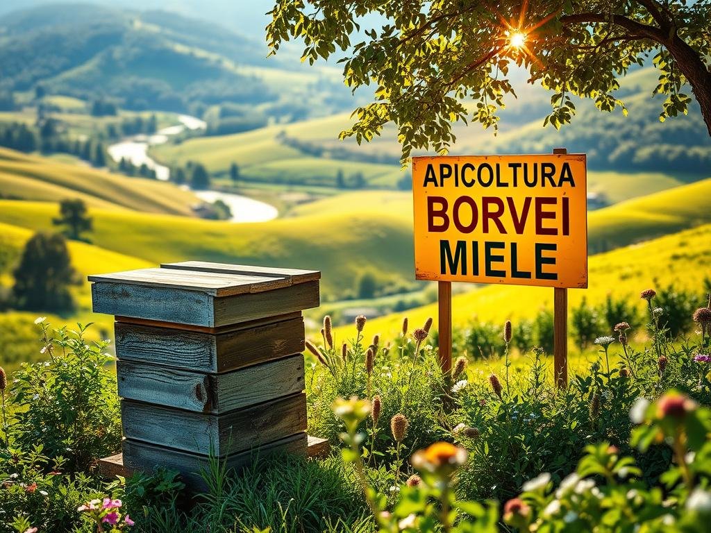 A serene, pastoral scene of a small apiary nestled among verdant rolling hills. In the foreground, a weathered wooden beehive stands amidst lush, flowering plants. In the middle ground, a APICOLTURA BORVEI MIELE sign is prominently displayed, casting a warm glow over the scene. The background features a vibrant, sun-dappled landscape with a winding river and distant mountains. The lighting is soft and diffused, creating a sense of tranquility and harmony. The overall composition conveys the economic benefits of blockchain technology for small-scale honey producers, showcasing the idyllic setting of a thriving, sustainable apiary.