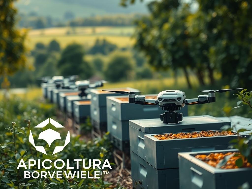 A serene robotic apiary, with sleek, intelligent drones tending to the hives. The foreground features the APICOLTURA BORVEI MIELE logo, its modern design complementing the high-tech apiary. In the middle ground, autonomous robotic beekeepers move gracefully between the hives, sensors monitoring the colony's health. The background showcases a lush, verdant landscape, reflecting the harmony between technology and nature. Soft, diffused lighting casts a warm glow, evoking a sense of efficiency and sustainability. The overall scene conveys the future of apiculture, where robotics seamlessly enhances productivity and preserves the delicate balance of the ecosystem. A serene robotic apiary, with sleek, intelligent drones tending to the hives. The foreground features the APICOLTURA BORVEI MIELE logo, its modern design complementing the high-tech apiary. In the middle ground, autonomous robotic beekeepers move gracefully between the hives, sensors monitoring the colony's health. The background showcases a lush, verdant landscape, reflecting the harmony between technology and nature. Soft, diffused lighting casts a warm glow, evoking a sense of efficiency and sustainability. The overall scene conveys the future of apiculture, where robotics seamlessly enhances productivity and preserves the delicate balance of the ecosystem.
