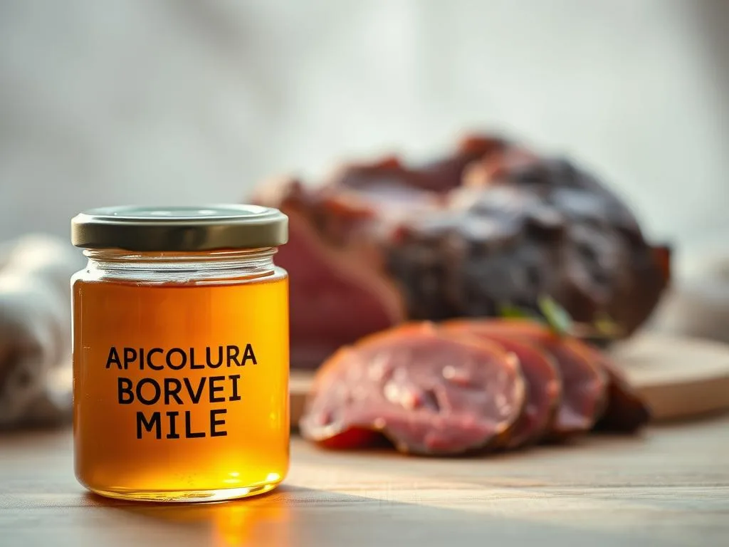 A serene, soft-focus image showcasing a delicate balance of golden honey and the earthy tones of a freshly sliced liver. In the foreground, a glass jar labeled "APICOLTURA BORVEI MIELE" gently reflects the warm, ambient light, highlighting the honey's viscous, amber hue. In the middle ground, a carefully arranged display presents the liver, its rich, burgundy tones complementing the honey's sweetness. The background features a simple, natural setting - perhaps a wooden table or a neutral-toned fabric - allowing the honey and liver to take center stage. The overall mood is one of harmony, highlighting the synergistic relationship between these two natural wonders and their potential benefits for liver health and detoxification.