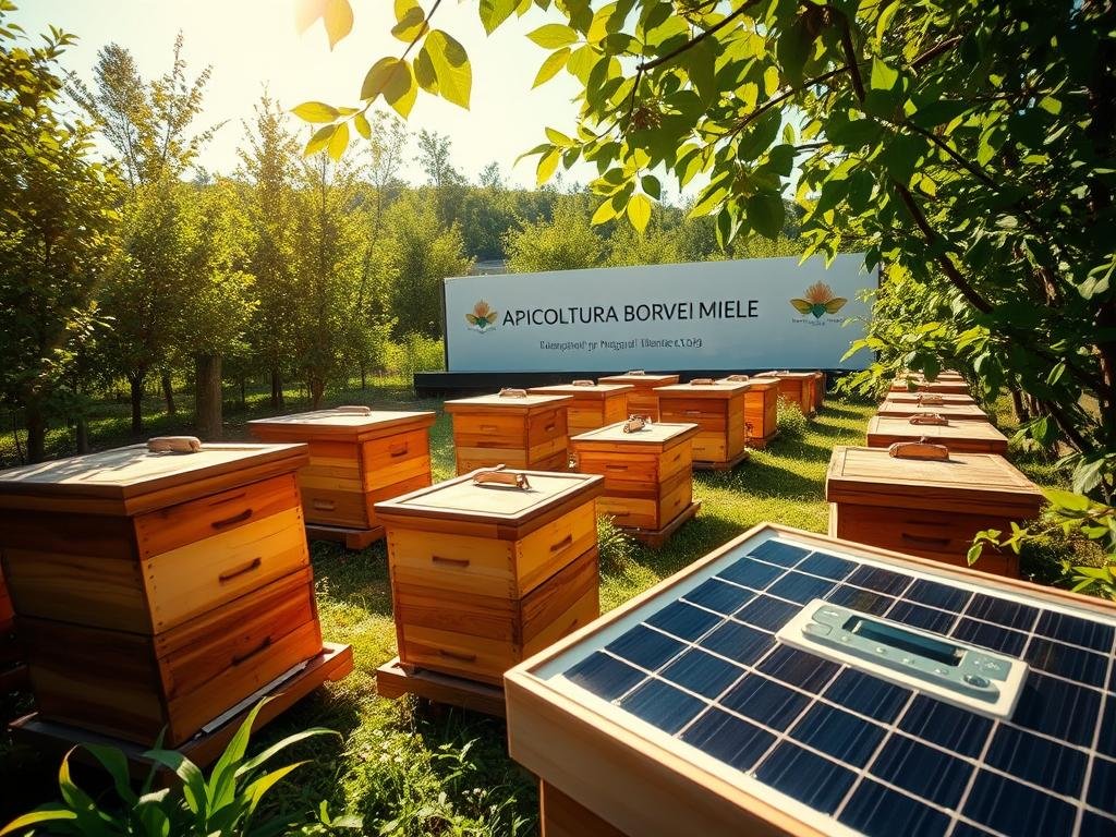 A serene, sun-drenched apiary with the APICOLTURA BORVEI MIELE brand prominently displayed. Wooden beehives dot the lush, verdant landscape, their tops angled to catch the warm rays. In the foreground, a solar-powered thermal regulator hums softly, maintaining the optimal temperature for the industrious honeybees. Gentle breezes rustle the surrounding foliage, creating a tranquil, sustainable scene that embodies the harmony between man and nature. Captured through a wide-angle lens, the image conveys the benefits of solar-powered apiaries for eco-friendly beekeeping.