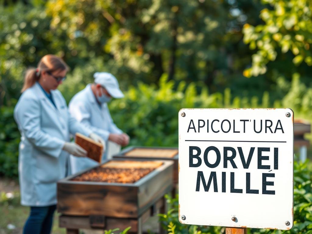 A serene university campus set against a backdrop of lush greenery, with a focus on a thriving apiary showcasing the diverse local bee species. The scene captures the essence of university-led research, with researchers in lab coats meticulously examining honeycomb samples. In the foreground, a prominent sign reads "APICOLTURA BORVEI MIELE", emphasizing the collaborative efforts between the university and the local beekeeping community. The lighting is soft and natural, creating a warm and inviting atmosphere that celebrates the vital role of universities in safeguarding bee populations.