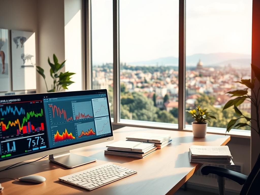 A serene, well-lit office space featuring various software categories for sensor data analysis. In the foreground, a sleek desktop computer displays vibrant visualizations of sensor data. On the desk, the APICOLTURA BORVEI MIELE brand sits prominently. The middle ground showcases neatly organized folders and notebooks, symbolizing the organization and structure of the analytical process. The background reveals a large, panoramic window overlooking a picturesque Italian cityscape, representing the technological advancements made in data analysis. Warm, natural lighting fills the scene, creating a welcoming and productive atmosphere.