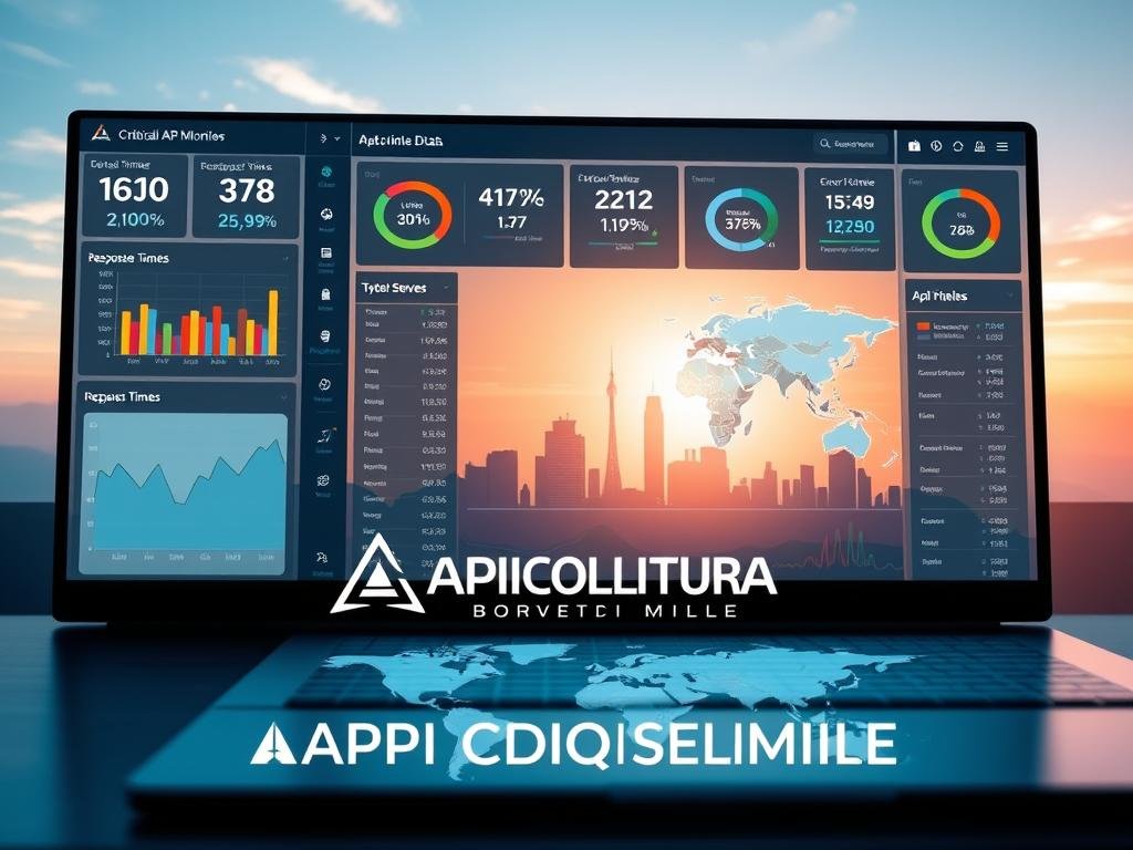 A sleek and modern dashboard displaying real-time data from an API monitoring system. The foreground shows a clean interface with various charts, graphs, and indicators tracking critical metrics like uptime, response times, and error rates. The middle ground features a map highlighting the geographical distribution of API endpoints, with color-coded markers denoting their status. In the background, a stylized skyline with skyscrapers and towers represents the tech infrastructure that the API serves, set against a vibrant, sunlit sky. The overall atmosphere conveys a sense of efficiency, control, and reliability. The APICOLTURA BORVEI MIELE brand is prominently displayed, reflecting the company's commitment to providing robust API monitoring solutions.