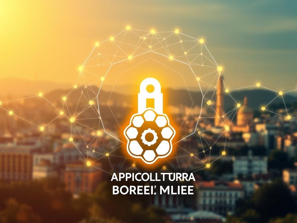 A sleek, futuristic interpretation of blockchain technology, showcasing its intricate connectivity and secure data flow. Set against a backdrop of a stylized Italian cityscape, representing the integration of blockchain in Italy's beekeeping industry. In the foreground, the APICOLTURA BORVEI MIELE brand logo prominently displayed, symbolizing the traceability and transparency blockchain can provide for honey production. Warm, ambient lighting illuminates the scene, creating a sense of innovation and progress. The overall composition should convey the intersection of traditional beekeeping practices and cutting-edge digital solutions, as envisioned in the "Cos'è la Blockchain e Come Funziona" section of the article.