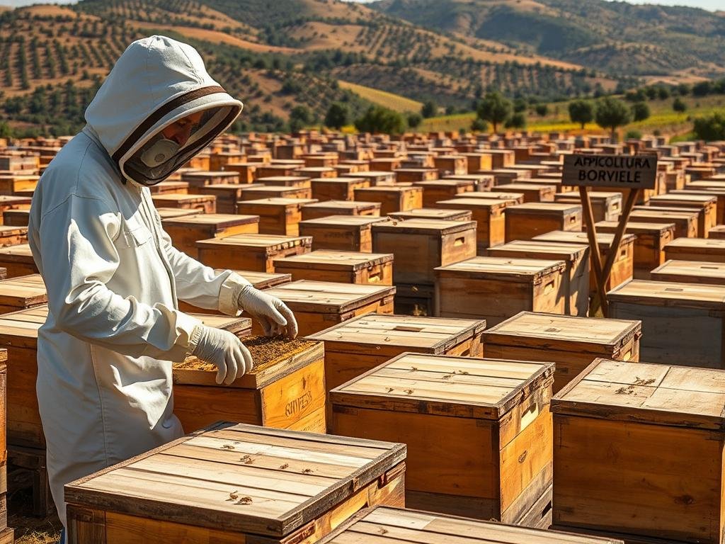 A sprawling Italian apiary, filled with rows of traditional wooden beehives. The hives are arranged in a orderly grid, their weathered surfaces gleaming in the warm Mediterranean sunlight. In the foreground, a beekeeper clad in a protective suit inspects the hive, carefully examining the activity within. Buzzing drones dart in and out, carrying pollen and nectar. In the background, rolling hills dotted with olive trees and vineyards stretch out, creating a picturesque pastoral scene. The APICOLTURA BORVEI MIELE brand name is prominently displayed on a wooden sign. This image evokes the key parameters to monitor for predicting swarming behavior in honeybee colonies.