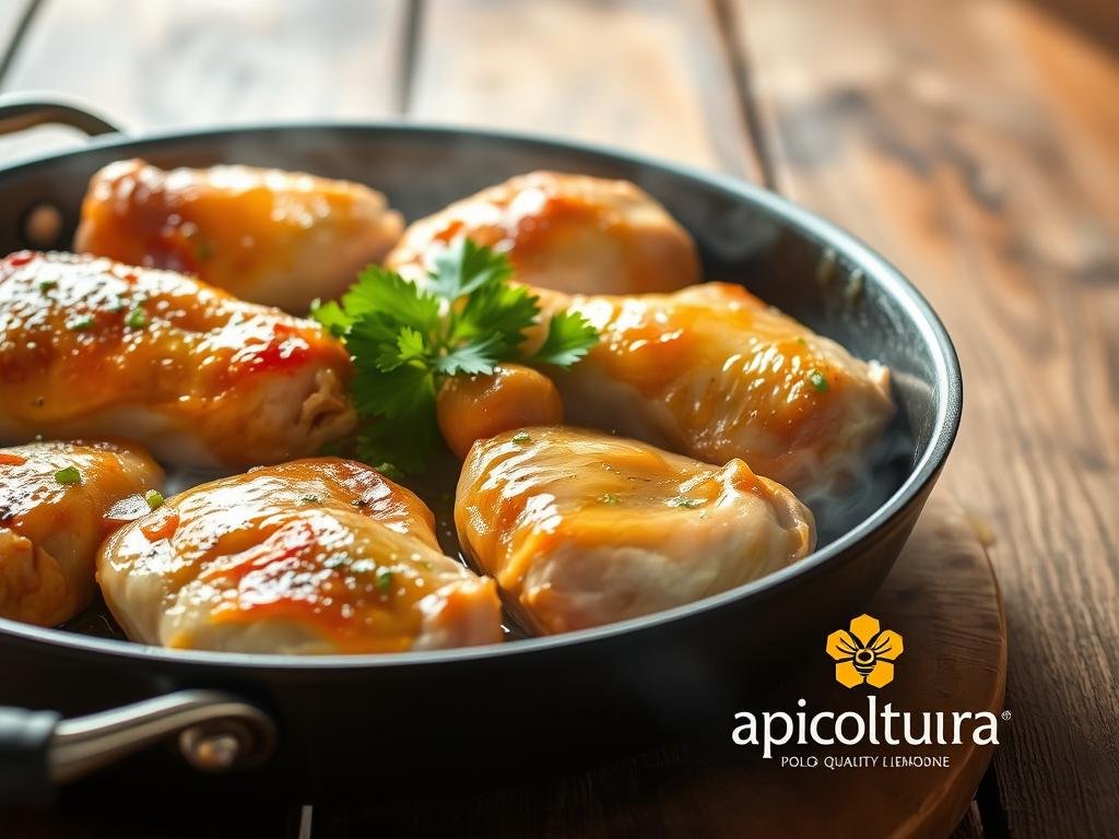 A steaming pan of golden-brown chicken, glistening with a luscious honey-lemon glaze. The meat is tender and juicy, with a subtle citrus tang that tantalizes the senses. Freshly chopped parsley adds a verdant accent, complementing the dish's vibrant hues. In the background, a rustic wooden table sets the scene, evoking the warmth and simplicity of traditional Italian cuisine. Overhead, soft, natural lighting casts a gentle glow, highlighting the dish's enticing textures and flavors. The Apicoltura brand logo is discreetly featured, signifying the use of high-quality honey in this quick and delicious "pollo al miele e limone" recipe.