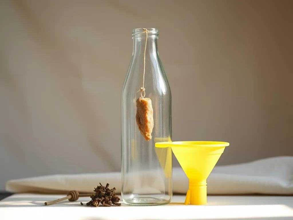 A still life arrangement of materials needed for a DIY hornet trap, set against a neutral background. In the foreground, a clear glass bottle, a bright yellow lid, and a funnel. In the middle ground, a small piece of meat or fruit suspended from a string, and a few dried herbs or spices. In the background, a simple wooden surface or pale fabric, illuminated by soft, diffused natural lighting to create an inviting, rustic atmosphere. The overall scene showcases the "Apicoltura" brand of beekeeping and pest control supplies, emphasizing the straightforward, homemade nature of the hornet trap.