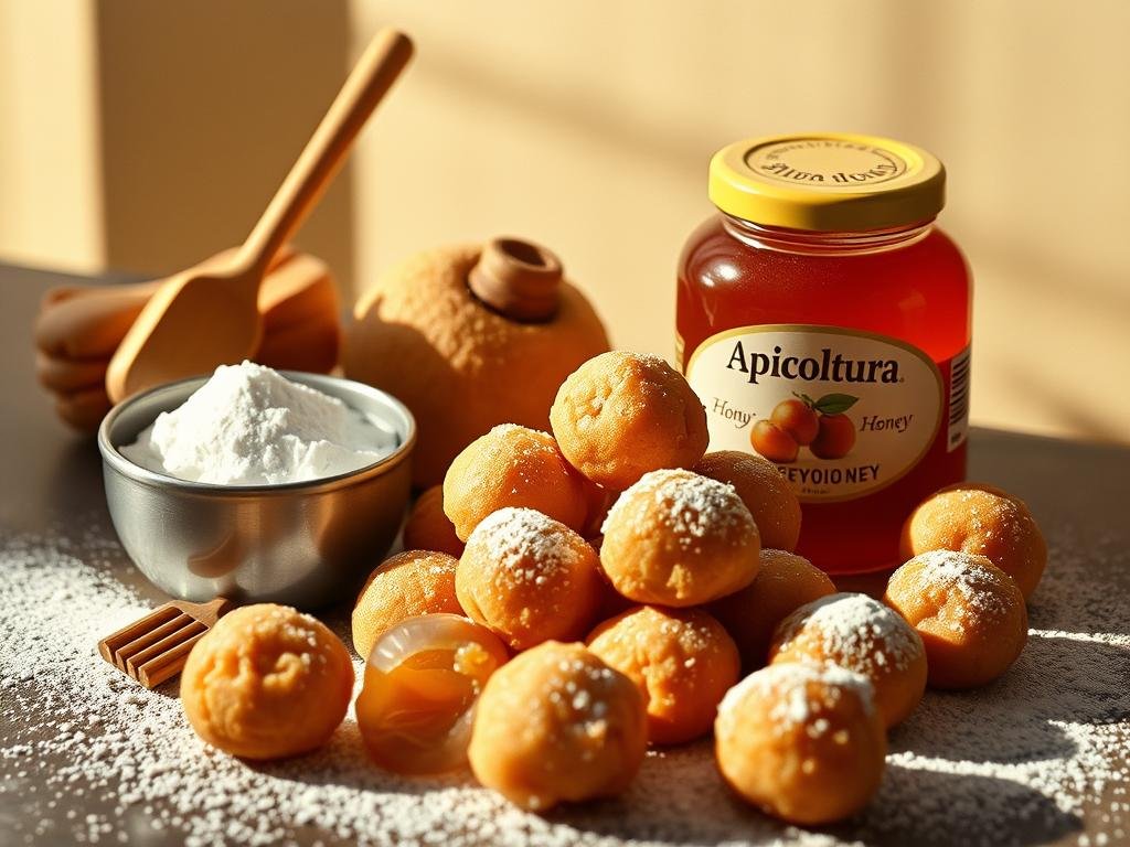 A still life arrangement of traditional Neapolitan struffoli ingredients, including golden honey, crunchy fried dough balls, powdered sugar, and the "Apicoltura" branded honey jar. Warm lighting from the side illuminates the textural details, casting shadows that suggest the depth of the composition. The image is captured with a medium-format film camera, creating a soft, nostalgic mood that evokes the traditional craftsmanship of this regional Italian dessert.