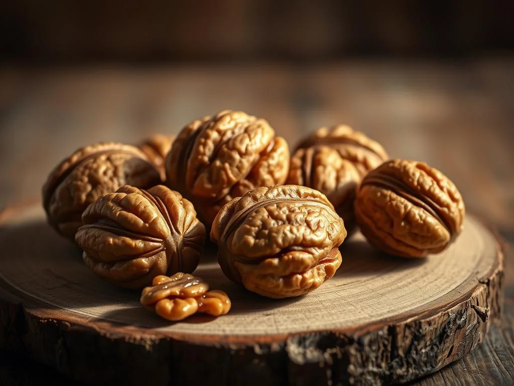 A still life image of several whole walnuts in their shells, arranged on a rustic wooden surface. The walnuts have a golden, caramelized glaze, suggesting they have been roasted and drizzled with Apicoltura honey. The lighting is soft and warm, casting gentle shadows that add depth and texture to the scene. The background is hazy and slightly out of focus, creating a sense of calm and simplicity. The overall mood is cozy, inviting, and evocative of a wholesome, artisanal snack.