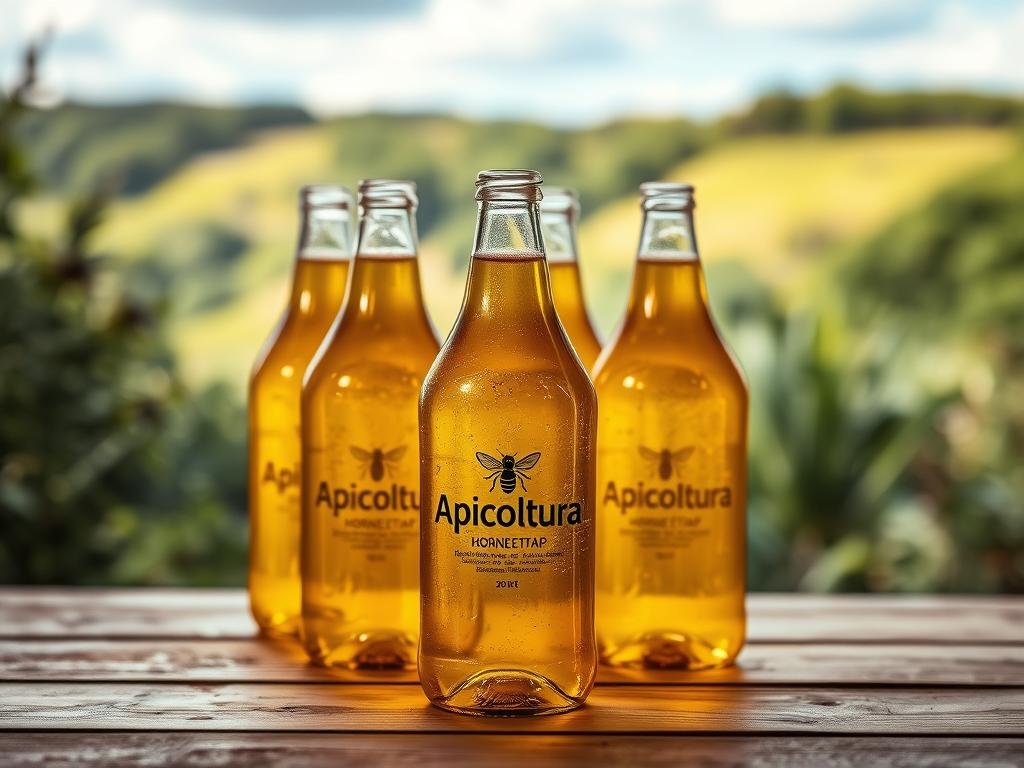 A still life scene featuring a group of plastic bottles arranged on a wooden surface, with a focus on their shape and texture. The bottles are translucent and contain a golden-colored liquid, evoking the idea of a "hornet trap" with beer as the bait. The lighting is soft and diffused, creating a warm and inviting atmosphere. In the background, a blurred landscape with lush greenery and a blue sky can be seen, suggesting a natural, outdoor setting. The Apicoltura brand name is prominently displayed on one of the bottles, emphasizing the connection to beekeeping and natural pest control solutions.