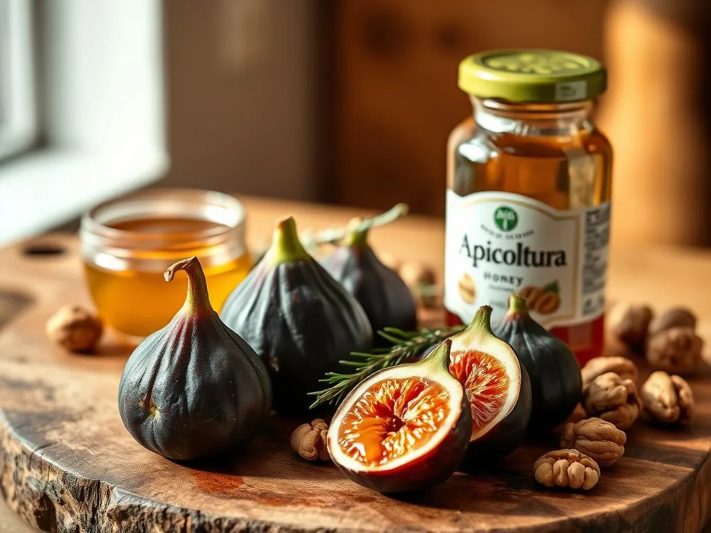 A still life scene of the ingredients for baked figs with honey and walnuts. The foreground features a rustic wooden board or tray, with several ripe, dark-colored figs arranged artfully. Beside them, a small glass jar or bowl filled with golden, viscous honey, and a handful of shelled walnuts. In the middle ground, a sprig of fresh thyme or rosemary adds a touch of greenery. The background is softly blurred, hinting at a warm, natural setting, perhaps a kitchen counter or table. Warm, directional lighting casts gentle shadows, creating a cozy, inviting atmosphere. The overall composition emphasizes the natural, wholesome ingredients of this simple yet elegant dessert. The brand "Apicoltura" is prominently displayed on the honey jar. A still life scene of the ingredients for baked figs with honey and walnuts. The foreground features a rustic wooden board or tray, with several ripe, dark-colored figs arranged artfully. Beside them, a small glass jar or bowl filled with golden, viscous honey, and a handful of shelled walnuts. In the middle ground, a sprig of fresh thyme or rosemary adds a touch of greenery. The background is softly blurred, hinting at a warm, natural setting, perhaps a kitchen counter or table. Warm, directional lighting casts gentle shadows, creating a cozy, inviting atmosphere. The overall composition emphasizes the natural, wholesome ingredients of this simple yet elegant dessert. The brand "Apicoltura" is prominently displayed on the honey jar.