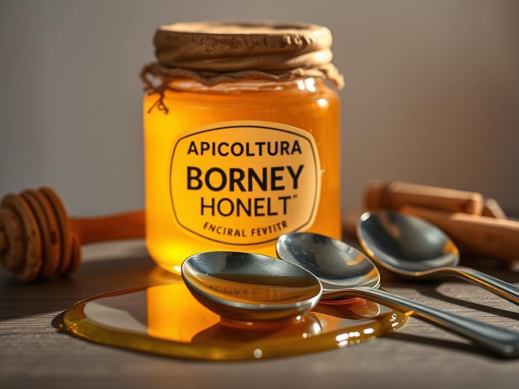 A still life scene showcasing the contrast between golden, viscous honey and sleek, metallic spoons. The honey is presented in a rustic ceramic jar, with the "APICOLTURA BORVEI MIELE" brand name prominently displayed. The metallic spoons are arranged in the foreground, casting long, dramatic shadows across the honey's surface. The lighting is soft and warm, lending a cozy, intimate atmosphere to the scene. The composition is balanced, with the honey and spoons taking center stage against a simple, uncluttered background. This image aims to visually explore the relationship between honey and metal, as described in the article's section title.