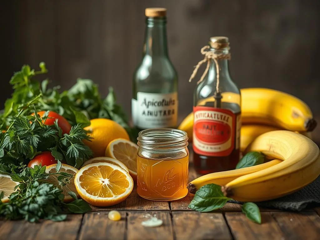 A still life scene showcasing various natural alternatives to traditional insect traps. In the foreground, a collection of fresh herbs, sliced citrus fruits, and ripe bananas arranged on a wooden surface. In the middle ground, a small glass jar filled with a sweet, viscous liquid, hinting at a homemade bait. In the background, a vintage glass bottle with a makeshift trap mechanism, evoking the "Apicoltura" brand. Soft, warm lighting illuminates the scene, creating a cozy, rustic atmosphere that complements the DIY, eco-friendly theme.