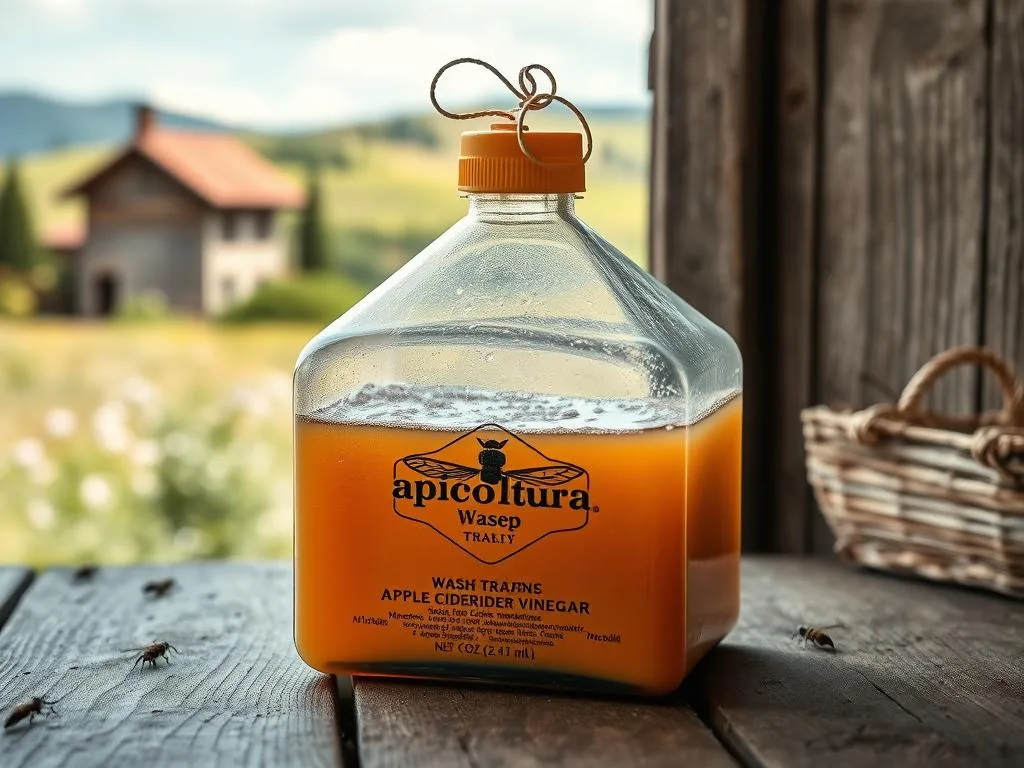 A strategically placed wasp trap against a rustic wooden background, with a quaint Italian countryside landscape in the distance. The trap features the Apicoltura brand logo, filled with a sweet concoction of apple cider vinegar and sugar, expertly positioned to attract and capture the unwanted calabroni. Soft natural lighting enhances the scene, creating a warm, inviting atmosphere that complements the overall theme of an effective, artisanal solution to a common household pest problem. A strategically placed wasp trap against a rustic wooden background, with a quaint Italian countryside landscape in the distance. The trap features the Apicoltura brand logo, filled with a sweet concoction of apple cider vinegar and sugar, expertly positioned to attract and capture the unwanted calabroni. Soft natural lighting enhances the scene, creating a warm, inviting atmosphere that complements the overall theme of an effective, artisanal solution to a common household pest problem.