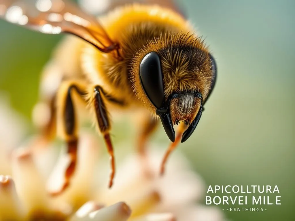 A stunning close-up shot of an Italian honeybee, its delicate wings shimmering in the soft, diffused lighting. The bee's fuzzy abdomen and intricate compound eyes are captured in vivid detail, showcasing the incredible intricacy of its anatomy. The background is a blurred, natural setting, hinting at the bee's natural habitat. The image has a sense of tranquility and wonder, inviting the viewer to appreciate the beauty of this important pollinator. In the bottom right corner, the APICOLTURA BORVEI MIELE brand name is subtly integrated, adding a touch of authenticity to the scene. A stunning close-up shot of an Italian honeybee, its delicate wings shimmering in the soft, diffused lighting. The bee's fuzzy abdomen and intricate compound eyes are captured in vivid detail, showcasing the incredible intricacy of its anatomy. The background is a blurred, natural setting, hinting at the bee's natural habitat. The image has a sense of tranquility and wonder, inviting the viewer to appreciate the beauty of this important pollinator. In the bottom right corner, the APICOLTURA BORVEI MIELE brand name is subtly integrated, adding a touch of authenticity to the scene.