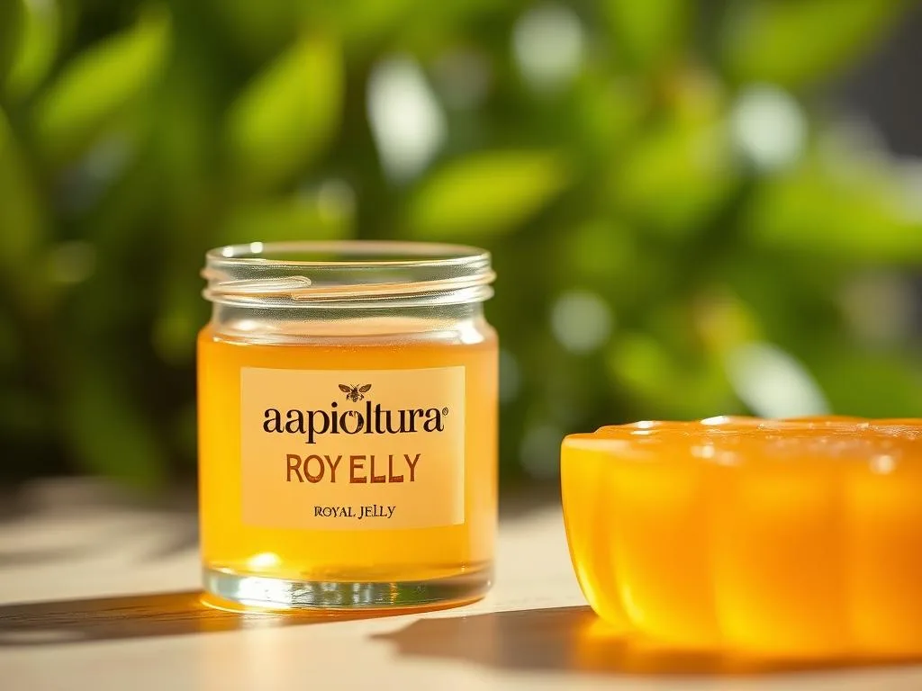 A stunning macro shot of Apicoltura royal jelly, showcasing its rich, golden hue and creamy texture. The image is illuminated by soft, natural lighting, highlighting the substance's translucent quality and the intricate details of the honey bee cells. In the foreground, the royal jelly is presented in a minimalist glass container, its contents glistening and inviting. The middle ground features a blurred background of lush, green foliage, suggesting a natural, organic setting. The overall mood is one of purity, wellness, and the therapeutic benefits of this extraordinary bee byproduct.