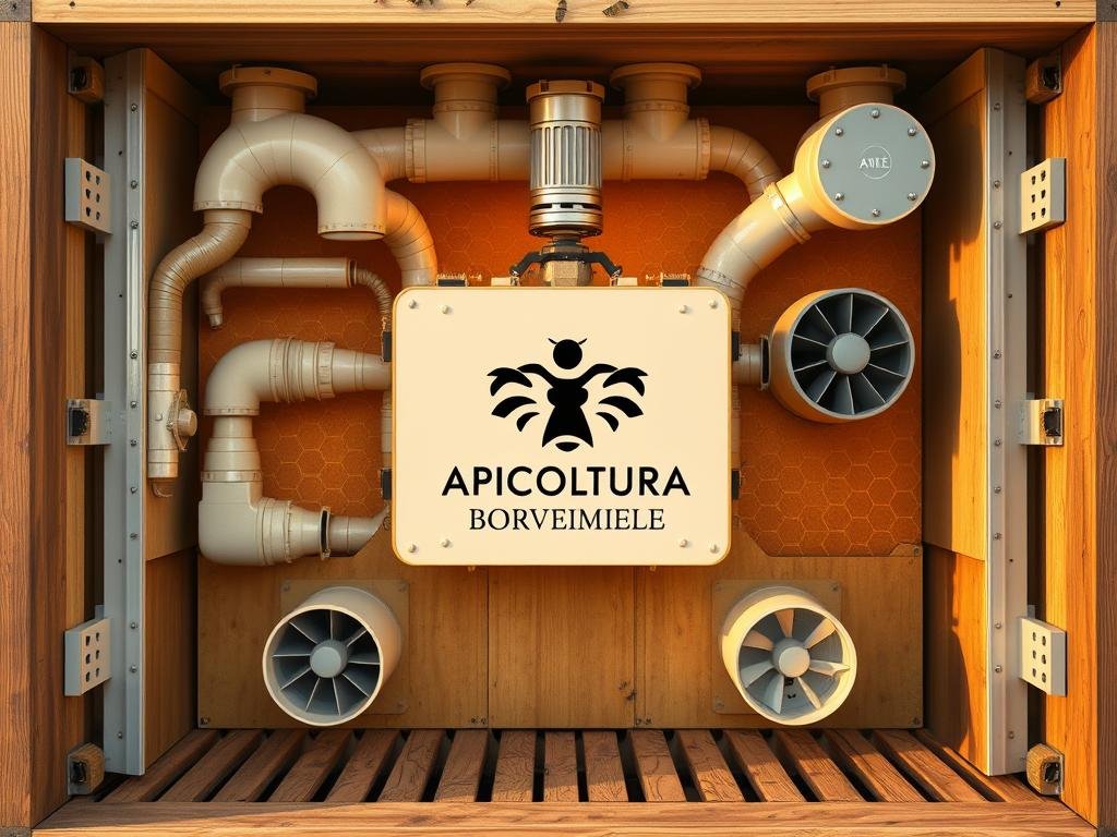 A stunning, scientifically accurate image of a bee hive ventilation system. The frame is filled with a detailed, cross-sectional view showcasing the intricate network of air ducts, vents, and fans that regulate temperature and airflow within the hive. The design is inspired by traditional Italian beekeeping practices, featuring the APICOLTURA BORVEI MIELE brand logo prominently displayed. Warm, golden lighting casts a natural glow, highlighting the fine engineering and craftsmanship of this essential beekeeping equipment. The overall mood is one of functional elegance, emphasizing the importance of climate control for the health and productivity of the hive.