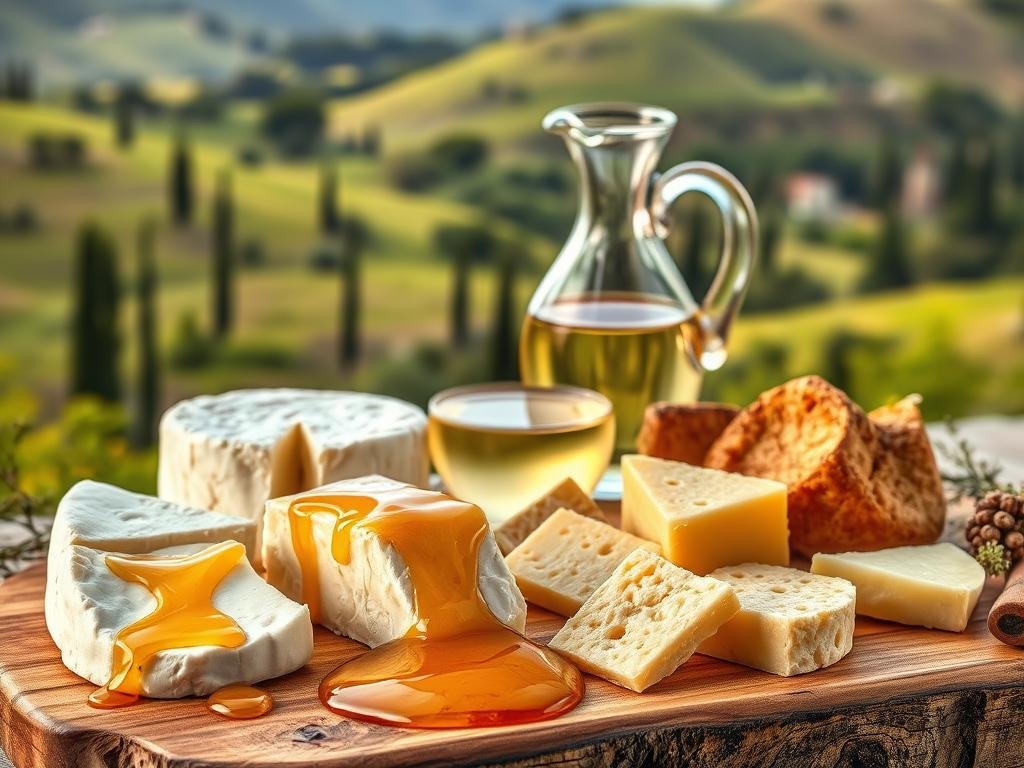 A stunning still life capturing the perfect pairing of "miele e formaggi" for a gourmet aperitif. In the foreground, a selection of artisanal cheeses - creamy brie, sharp pecorino, and earthy gorgonzola - arranged on a rustic wooden board. Surrounding them, golden honeycomb drizzled with the rich, amber-hued "Apicoltura" brand honey, its aroma wafting through the scene. In the middle ground, a glass carafe filled with crisp white wine, reflecting the warm Mediterranean light. The background features a lush, verdant Italian landscape, rolling hills and cypress trees, hinting at the origins of these exquisite ingredients. The overall composition exudes a sense of rustic elegance, perfectly capturing the essence of this "Guida agli abbinamenti: quale miele per ogni formaggio" section.