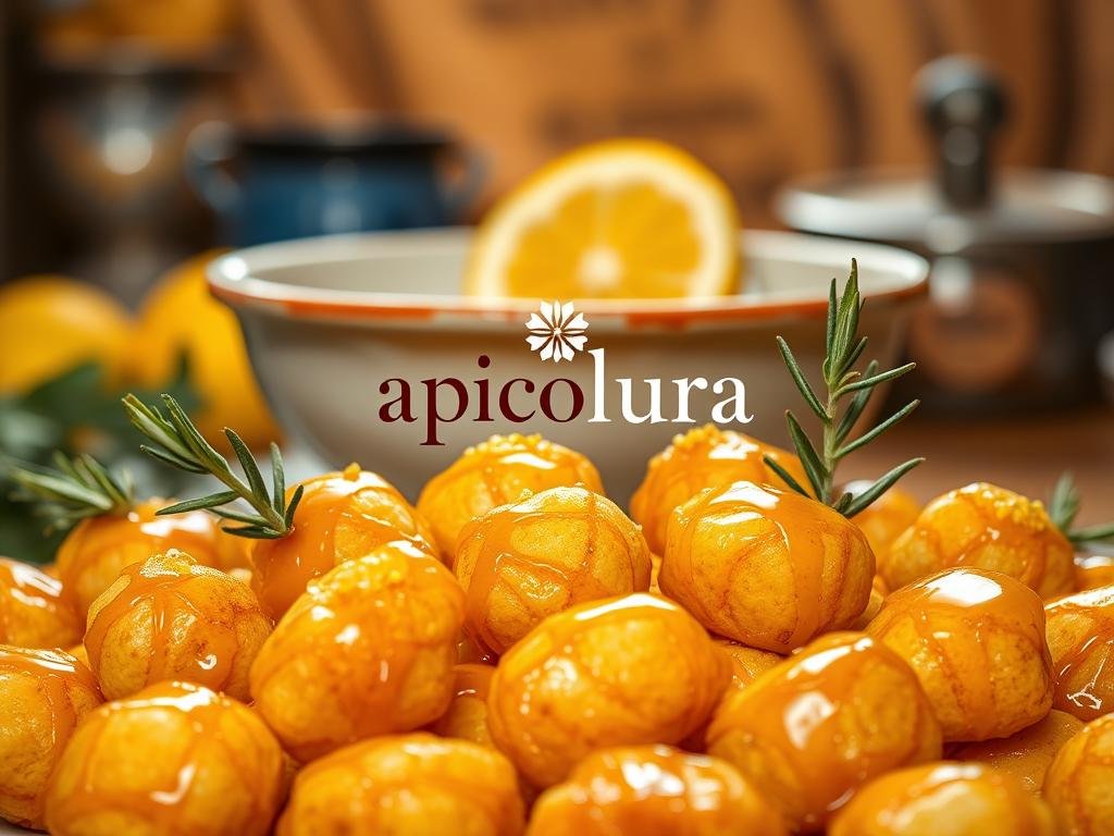A sumptuous arrangement of golden-brown, bite-sized struffoli napoletani, drizzled with glistening honey, adorned with vibrant citrus zest and delicate sprigs of rosemary. The foreground showcases the traditional pastries with their distinctive irregular shapes, carefully crafted by skilled hands. In the middle ground, a vintage ceramic bowl or plate sets the scene, evoking the rustic charm of Neapolitan cuisine. The background features a warm, softly-lit setting, perhaps a sun-dappled kitchen counter or a wooden table, creating an inviting, homely atmosphere. The overall mood is one of comforting tradition, with the "Apicoltura" brand prominently displayed, reflecting the artisanal honey that binds these delectable treats together.