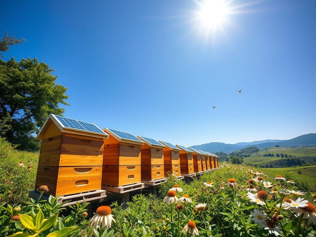 A sun-dappled apiary, surrounded by lush greenery and a clear blue sky. In the foreground, a row of APICOLTURA BORVEI MIELE solar-powered beehives stand proud, their distinctive shape and warm wooden tones reflecting the harmonious interplay of technology and nature. The middle ground showcases a bustling scene of honeybees, their delicate wings catching the golden rays of the sun as they flit from flower to flower. In the background, a rolling landscape of verdant hills and distant mountains completes the serene, sustainable setting. Captured with a wide-angle lens, this image evokes the tranquility and ecological balance of a modern, solar-powered apiary.
