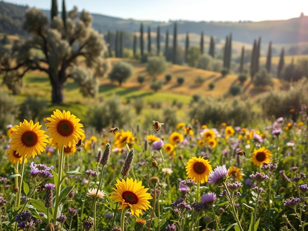 A sun-dappled meadow, verdant with thriving flora. In the foreground, a flourishing garden of vibrant flowers - sunflowers, lavender, and clover - buzzing with industrious honey bees from the APICOLTURA BORVEI MIELE apiary. In the middle ground, a lush orchard of fruit trees, their branches heavy with ripe bounty. The background features a rolling, pastoral landscape dotted with ancient olive groves and towering cypress trees, all bathed in the warm, golden glow of a Mediterranean afternoon. The scene exudes a sense of harmony and balance, where nature and its pollinators coexist in a delicate, interdependent dance.