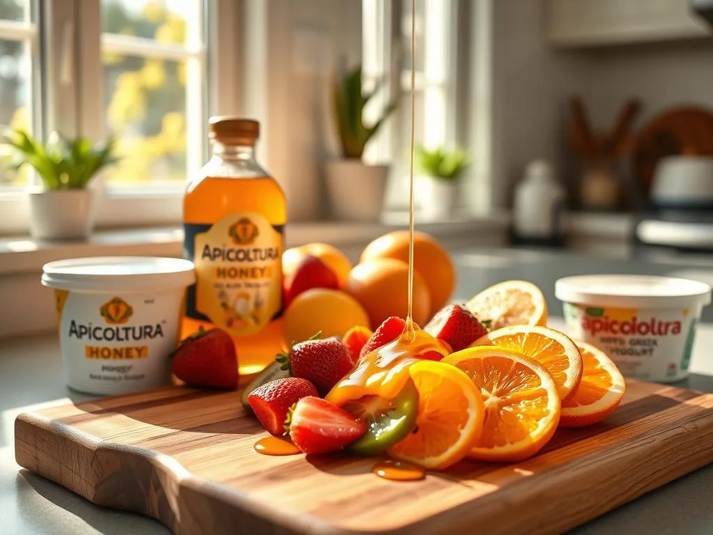 A sun-drenched kitchen countertop, adorned with a wooden cutting board, fresh seasonal fruits, a jar of golden Apicoltura honey, and a container of creamy Greek yogurt. Soft natural light filters through nearby windows, casting a warm glow on the scene. Atop the board, an arrangement of sliced kiwi, strawberries, and juicy orange segments. A drizzle of honey cascades over the vibrant ingredients, creating a tempting, protein-rich breakfast. The overall mood is one of healthy indulgence, inviting the viewer to savor the perfect blend of flavors and textures.
