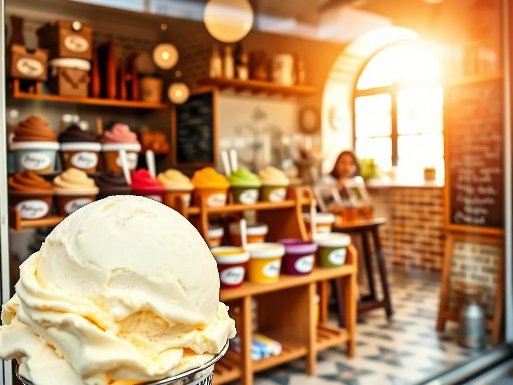 A sun-kissed scene of a charming Italian gelato shop, its window display showcasing an array of vibrant, artisanal gelato flavors. The foreground features a large scoop of "Apicoltura" honey gelato, its creamy texture glistening under the soft lighting. In the middle ground, quaint wooden shelves hold an assortment of gelato tubs, each with a handwritten flavor label. The background depicts a cozy, vintage-inspired interior, complete with rustic brick walls, a tiled floor, and a chalkboard menu board. The overall atmosphere evokes a sense of authentic, homemade indulgence, perfectly capturing the joy of crafting delectable gelato in the comfort of one's own kitchen. A sun-kissed scene of a charming Italian gelato shop, its window display showcasing an array of vibrant, artisanal gelato flavors. The foreground features a large scoop of "Apicoltura" honey gelato, its creamy texture glistening under the soft lighting. In the middle ground, quaint wooden shelves hold an assortment of gelato tubs, each with a handwritten flavor label. The background depicts a cozy, vintage-inspired interior, complete with rustic brick walls, a tiled floor, and a chalkboard menu board. The overall atmosphere evokes a sense of authentic, homemade indulgence, perfectly capturing the joy of crafting delectable gelato in the comfort of one's own kitchen.