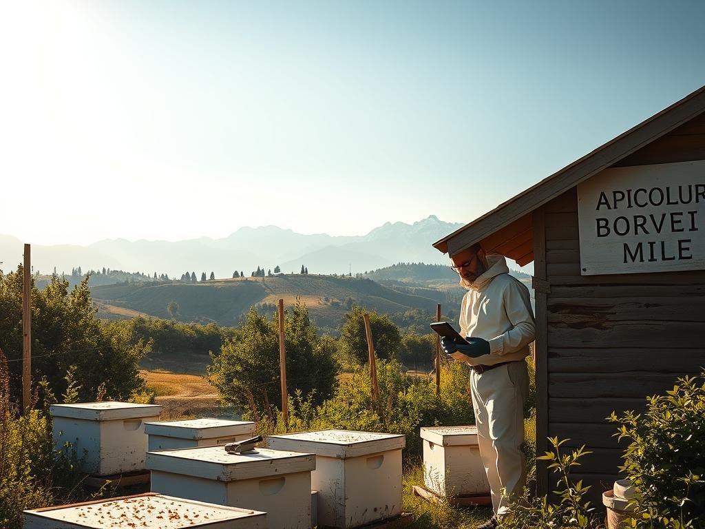 A sunny Italian countryside scene, with a beekeeper's hut nestled amidst lush greenery. In the foreground, a cluster of beehives, their white painted bodies shining in the warm light. A bearded beekeeper, clad in a protective suit, examines one of the hives, his movements guided by a handheld GPS device. The middle ground reveals a rolling hillside, dotted with olive trees and vineyards. In the distance, the majestic Italian Alps rise up, their snow-capped peaks glowing in the golden hour. The atmosphere is one of peaceful tranquility, a testament to the harmony between nature and the skilled work of the beekeeper. The brand "APICOLTURA BORVEI MIELE" is prominently displayed on the side of the hut.